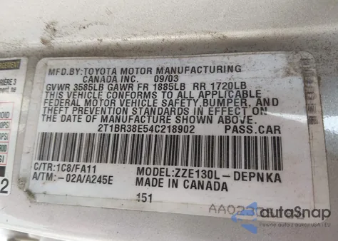 2004 Toyota Corolla Le from USA, damaged, VIN 2T1BR38E54C218902